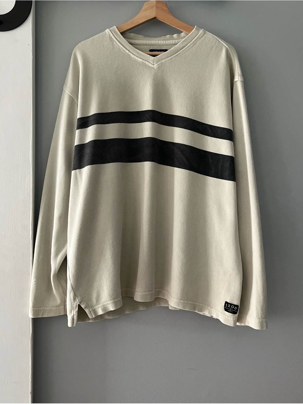 VTG 90s Izod Ribbed Cotton V-Neck Long Sleeve Tee w/ Faded Black Chest Stripes
